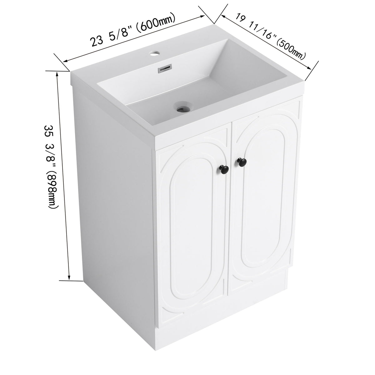 Freestanding bath vanity with resin sink, by HouseOfZazla, white cabinet with two arched doors on Tampa Home & Garden Store