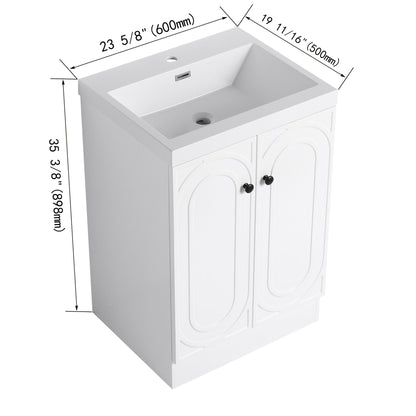 Freestanding bath vanity with resin sink, by HouseOfZazla, white cabinet with two arched doors on Tampa Home & Garden Store