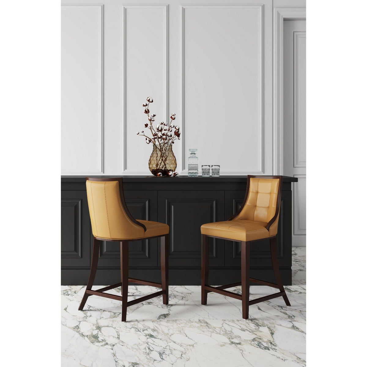 White Bar Height Stool with Solid Wood Frame tan leather upholstery dark wood legs on Tampa Home & Garden Store