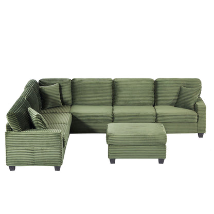 Upholstered U-shaped sectional sofa in green corduroy with movable ottoman and storage pockets on Tampa Home & Garden Store