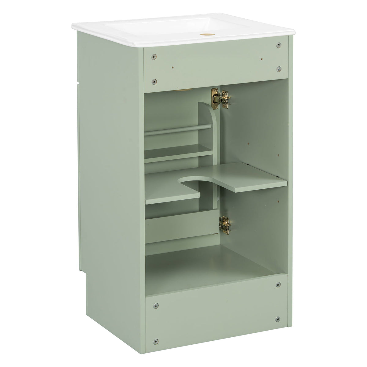 Bathroom vanity with sink in sage green, white countertop, adjustable interior shelves on Tampa Home & Garden Store