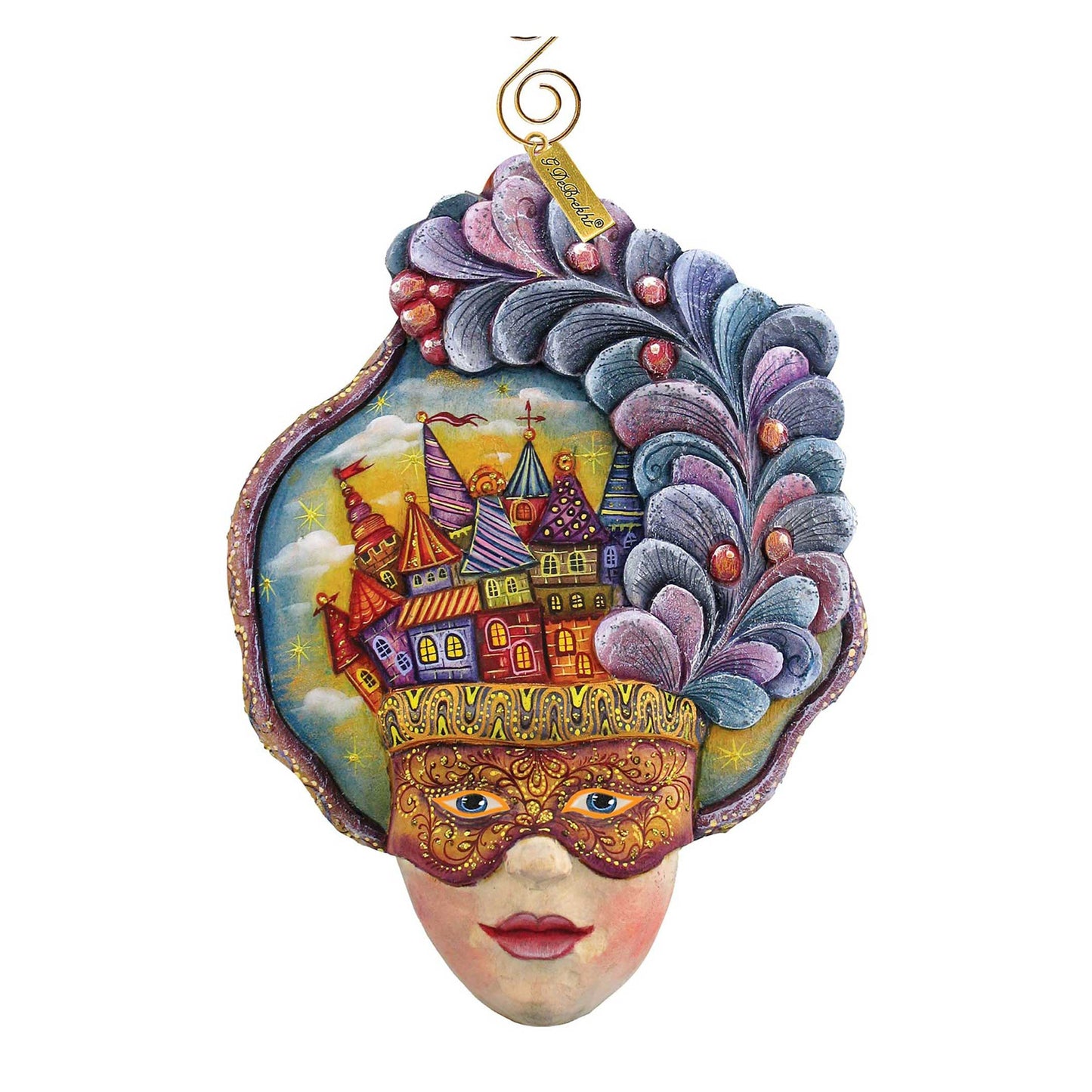Castle Carnival Mask Sculpted Ornament by G.DeBrekht, village scene on mask, gold hanger on Tampa Home & Garden Store