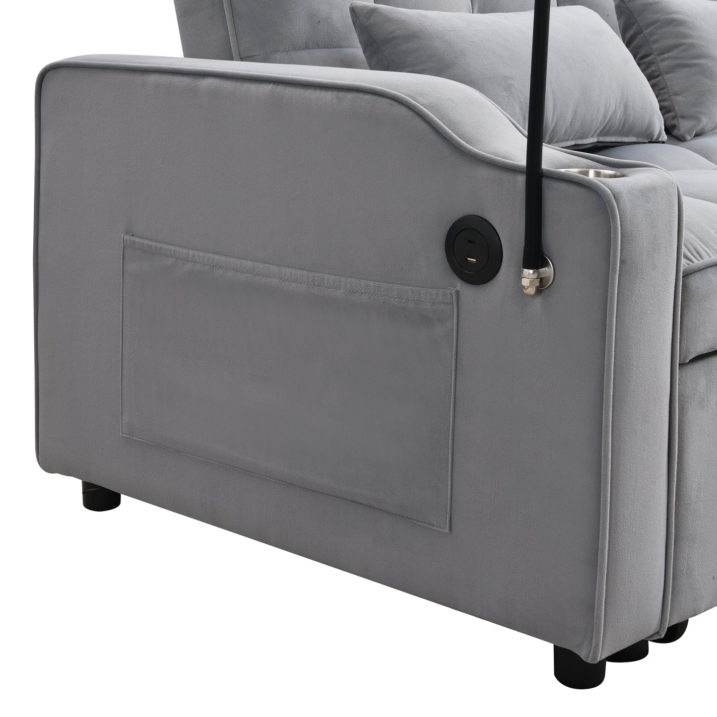 Modern velvet sleeper loveseat with pullout bed in gray fabric, USB port at the arm on Tampa Home & Garden Store