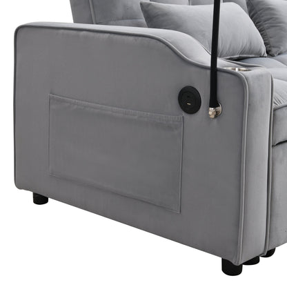 Modern velvet sleeper loveseat with pullout bed in gray fabric, USB port at the arm on Tampa Home & Garden Store