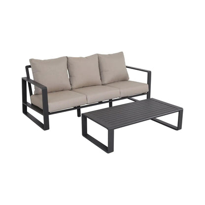 2pc outdoor set: black metal sofa with beige cushions and coffee table by Unique Piece Furniture on Tampa Home & Garden Store