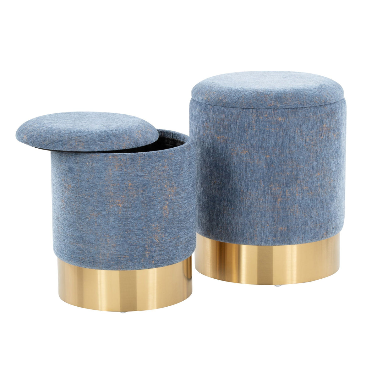 Two blue fabric nesting ottomans with gold metal bases, 2-piece set on Tampa Home & Garden Store