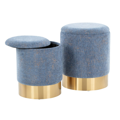 Two blue fabric nesting ottomans with gold metal bases, 2-piece set on Tampa Home & Garden Store