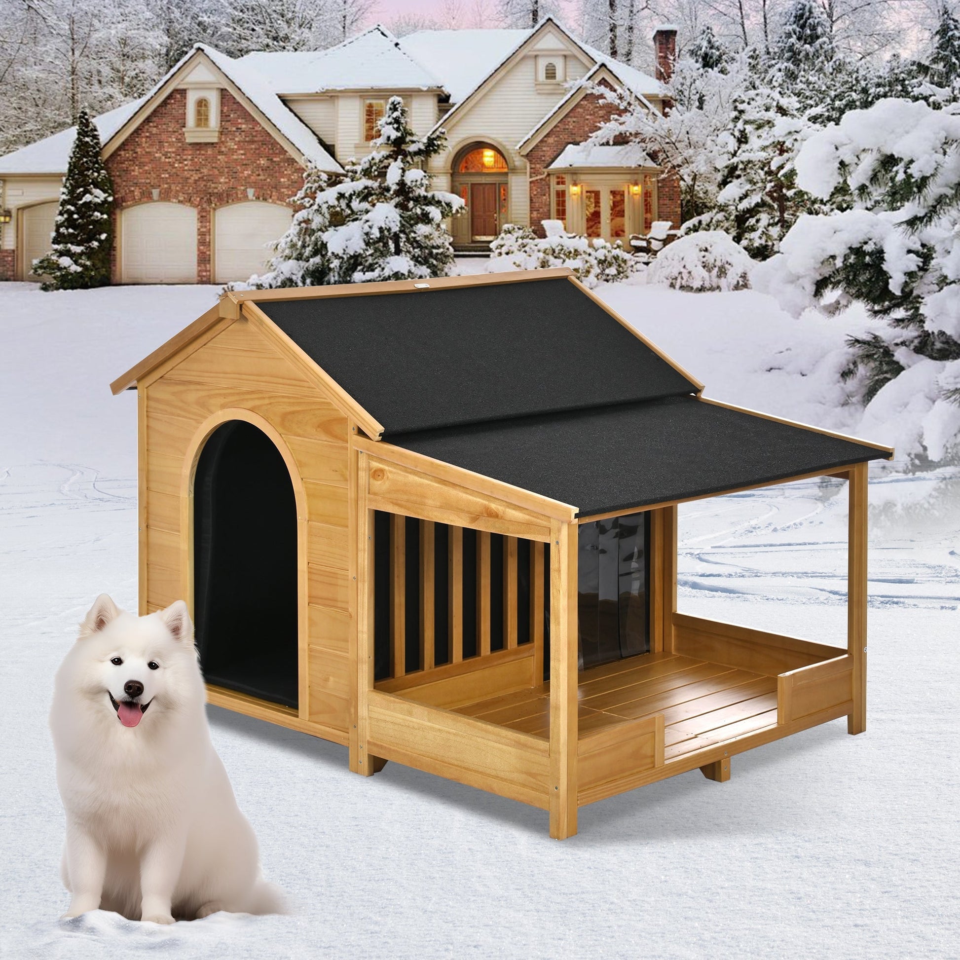 60.2-inch large outdoor dog house with insulated liner, natural wood, HouseOfZazla on Tampa Home & Garden Store