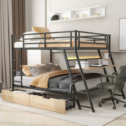 Full size bunk bed with built-in desk, black metal frame, 2 drawers, under-bed workspace on Tampa Home & Garden Store