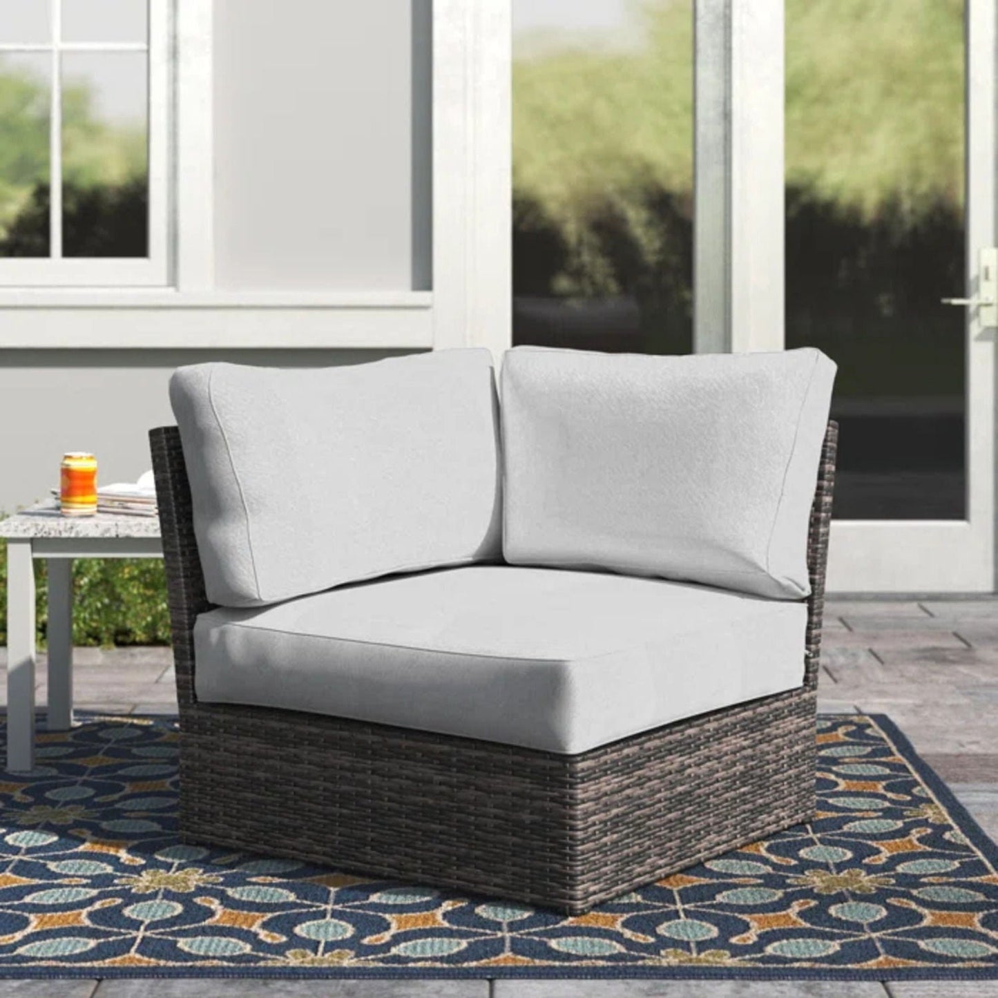 Shick Corner Wedge Patio Chair with Cushions in dark wicker and light gray cushions on Tampa Home & Garden Store