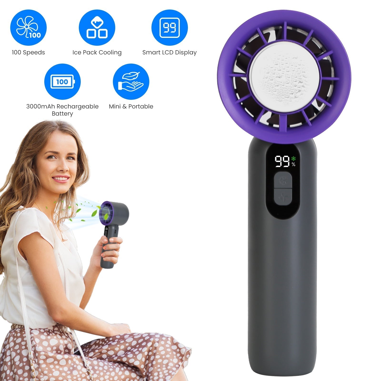 GemGear 100-speed handheld fan with purple head, LCD display, 3000mAh battery on Tampa Home & Garden Store