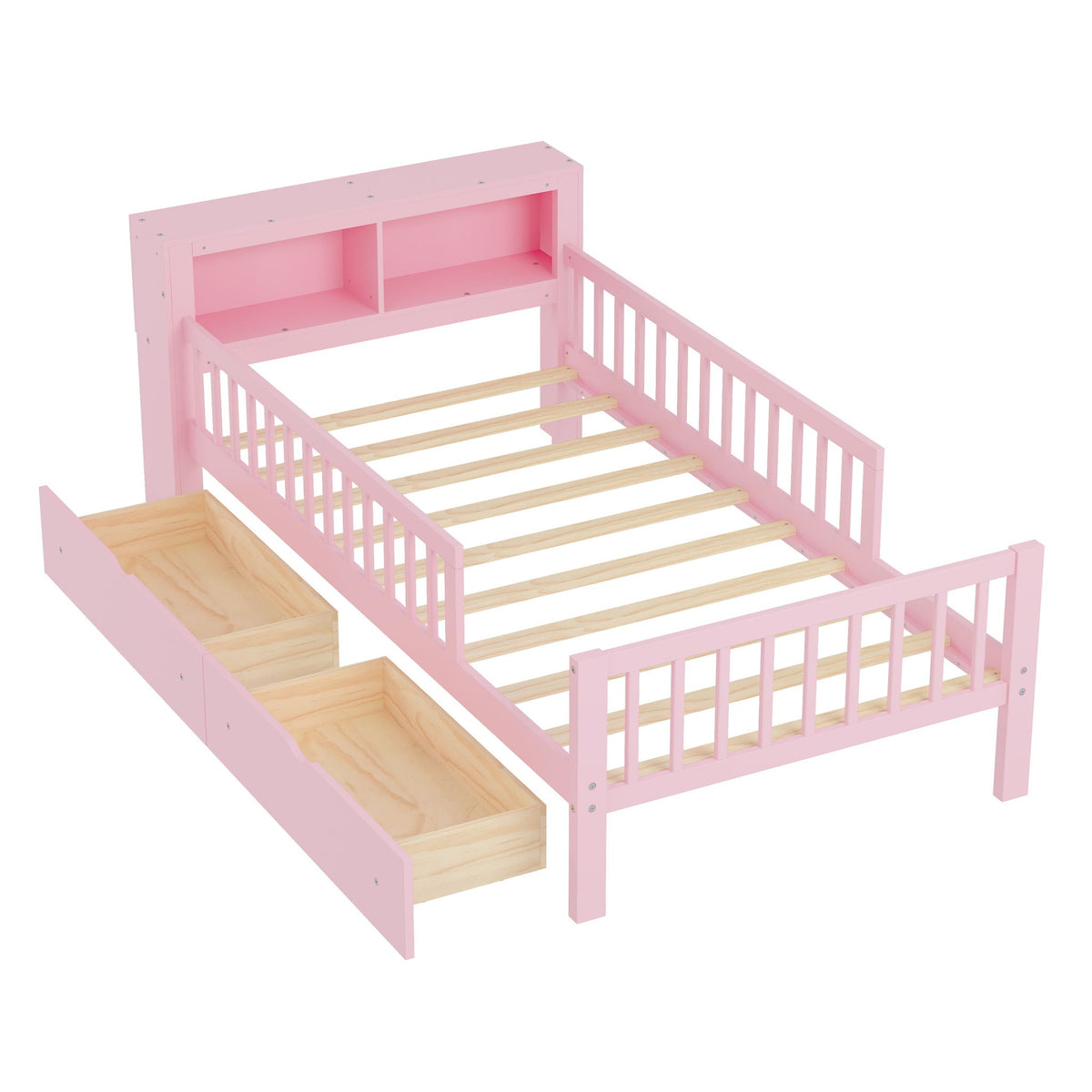 Bed with headboard storage rack in pink by HouseOfZazla; includes 2 under-bed drawers and 3 side guardrails on Tampa Home & Garden Store