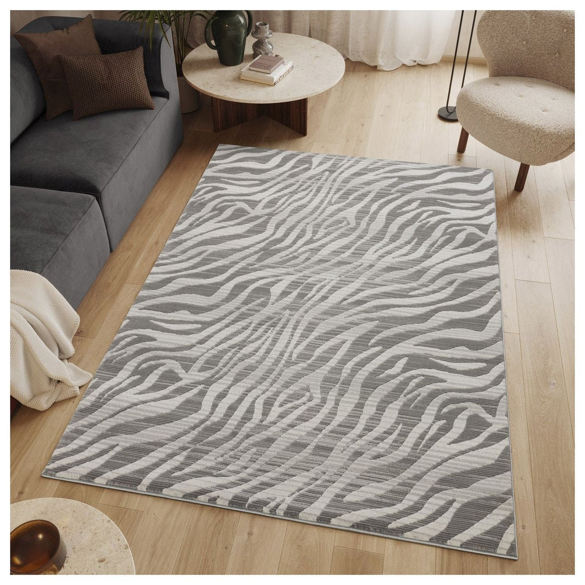 Plush geometric area rug in ivory and gray hues with zebra pattern, HouseOfZazla on Tampa Home & Garden Store