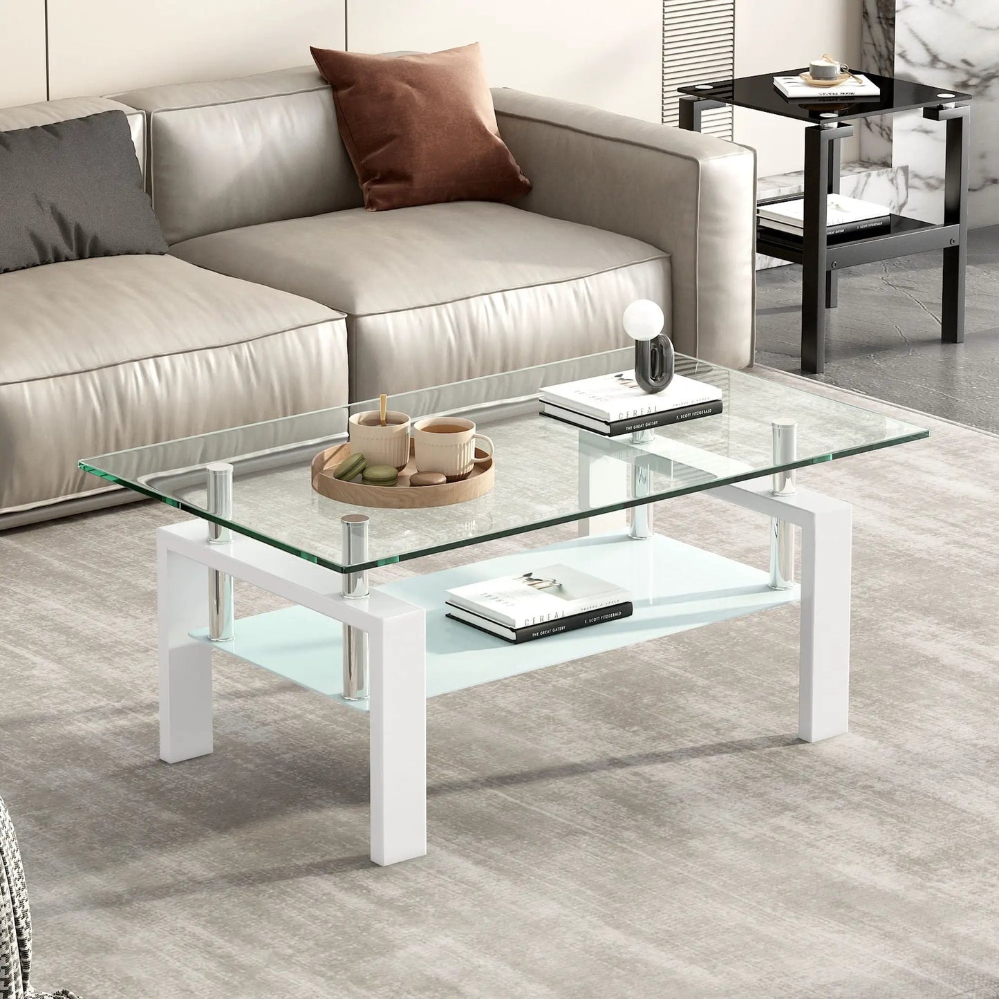 Tempered Glass Table With Storage For Living Room