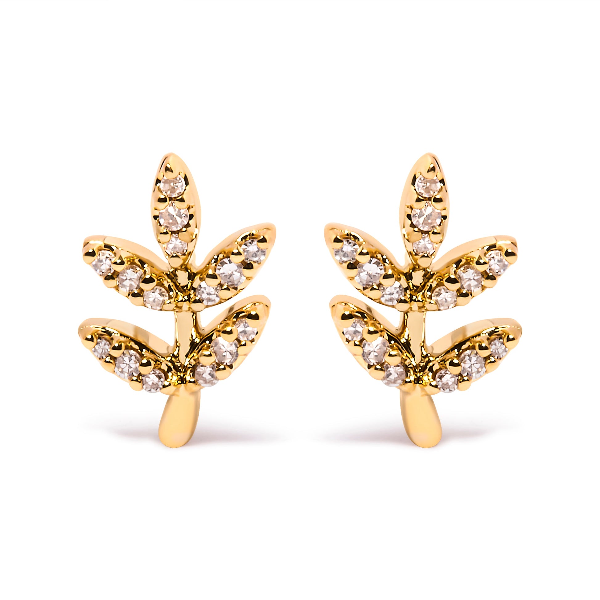Pair of 10K yellow gold leaf and branch stud earrings with diamond accents, 1/10 Cttw, H-I/I1-I2 on Tampa Home & Garden Store