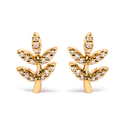 Pair of 10K yellow gold leaf and branch stud earrings with diamond accents, 1/10 Cttw, H-I/I1-I2 on Tampa Home & Garden Store
