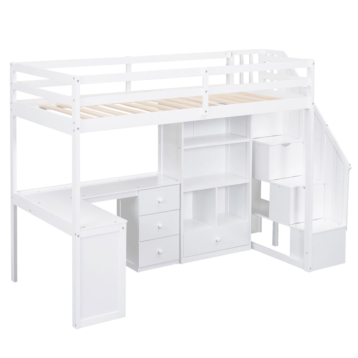Loft bed with L-shaped desk, drawers, cabinet, and storage stairs, white finish HouseOfZazla on Tampa Home & Garden Store