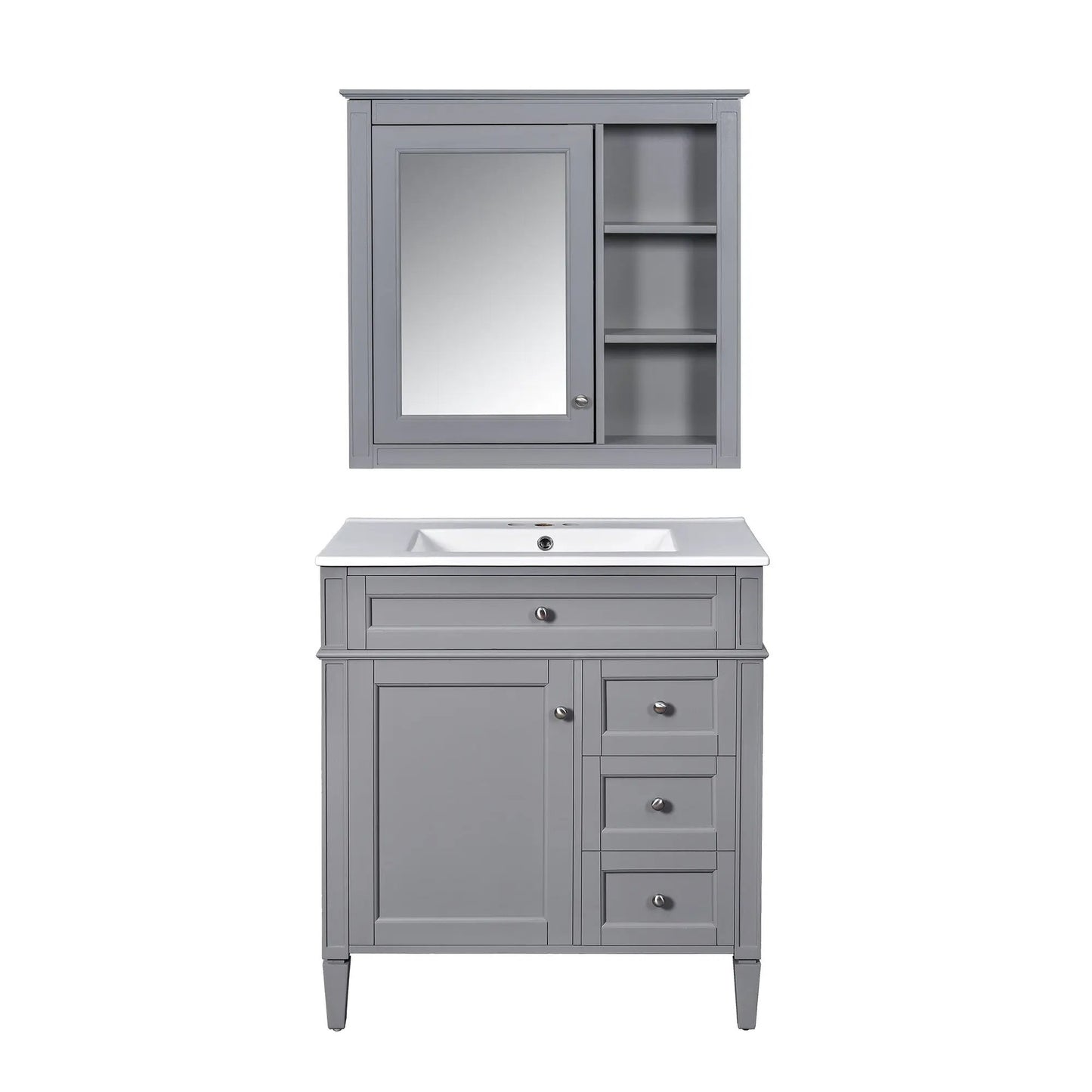 Gray Vanity With Top Sink and Mirror Cabinet