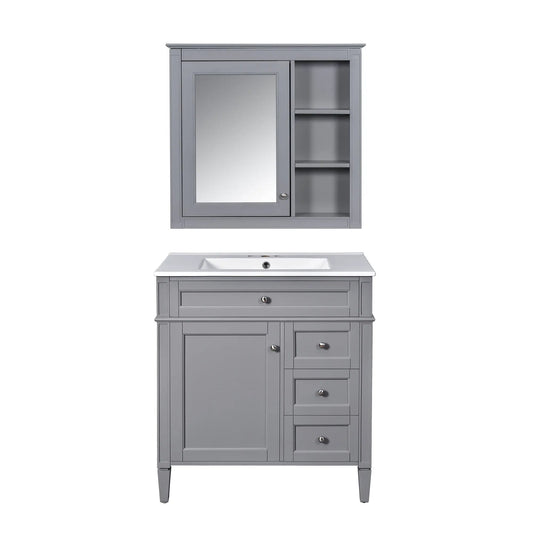 Gray bathroom vanity with top sink, cabinet with 2 doors and 3 drawers, mirror cabinet on Tampa Home & Garden Store