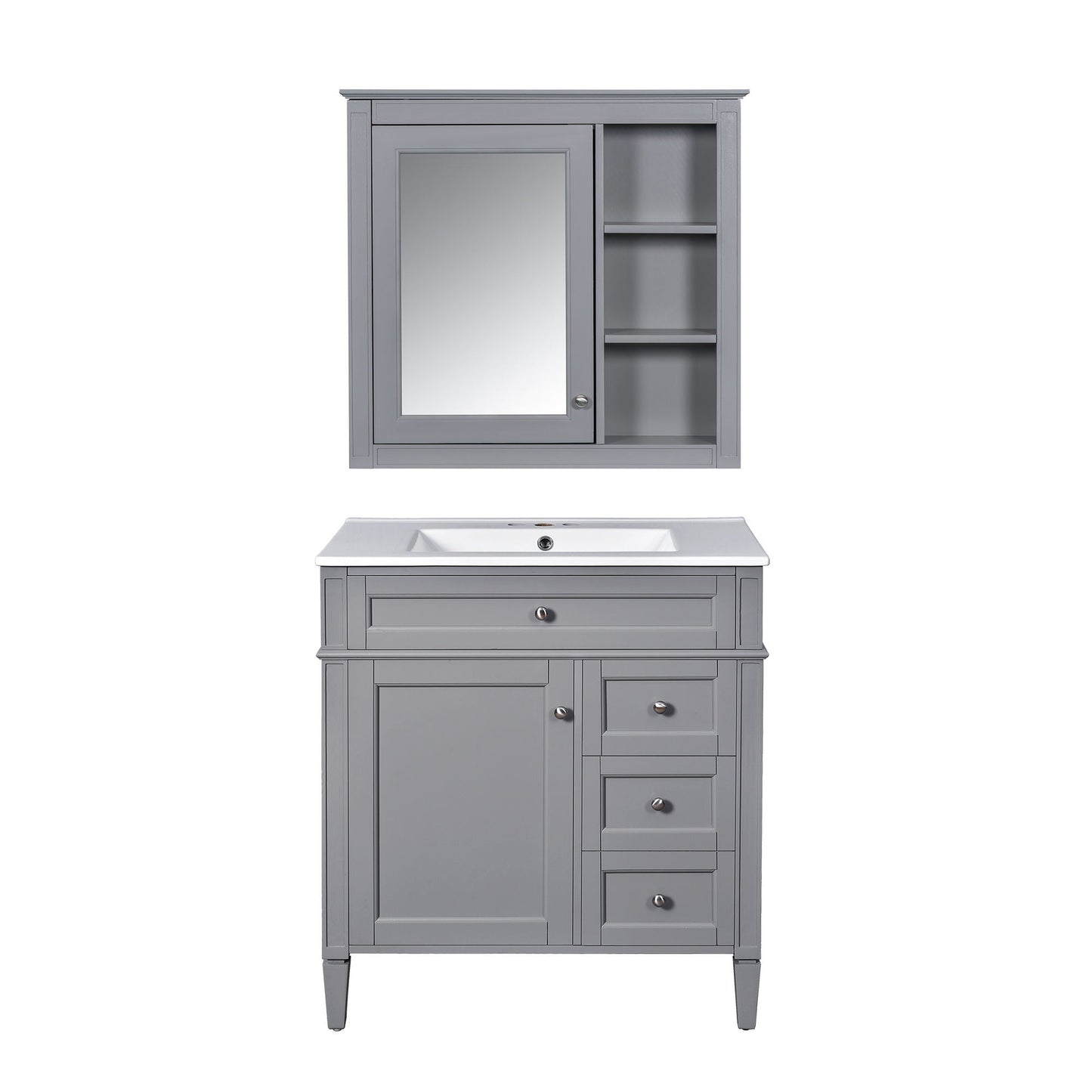 Gray Bathroom Vanity with a Top Sink and Cabinet