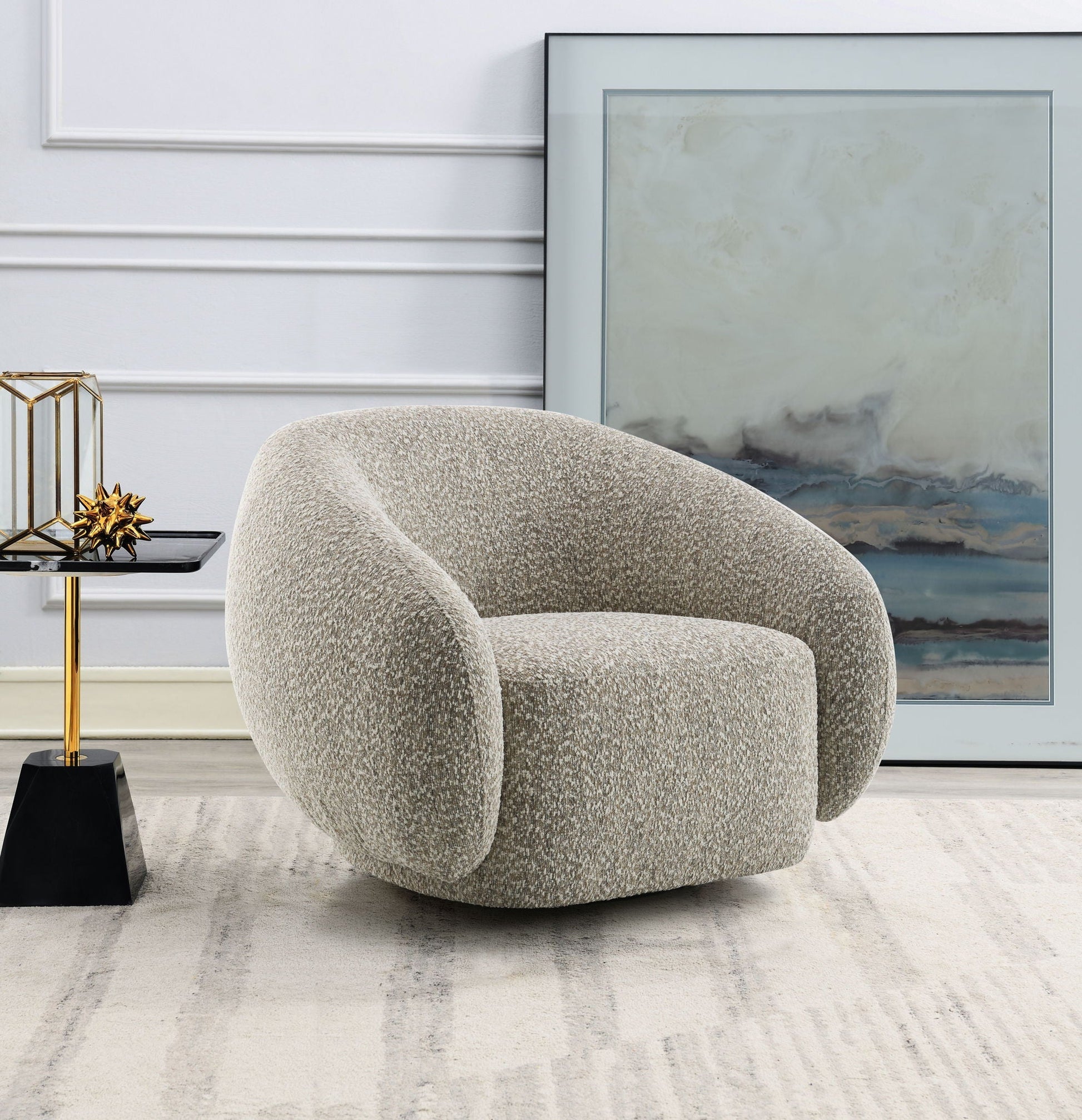 Isabel swivel chair beige textured upholstery curved armchair in a chic living room on Tampa Home & Garden Store