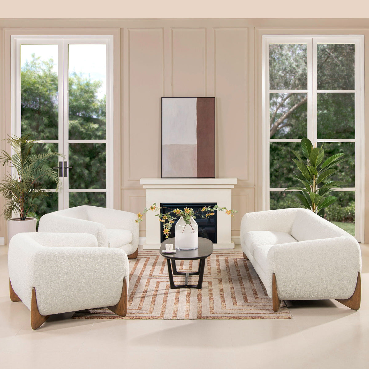 Sherpa Arm Chairs by HouseOfZazla in white plush fabric with removable cushion, wooden legs on Tampa Home & Garden Store