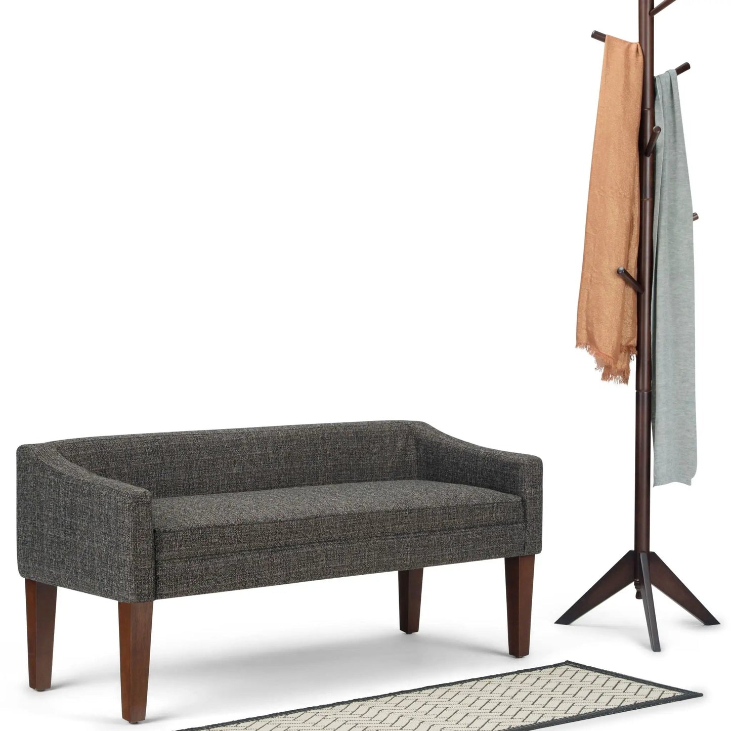 Parris Contemporary Upholstered Bench in charcoal gray fabric with dark wood legs on Tampa Home & Garden Store