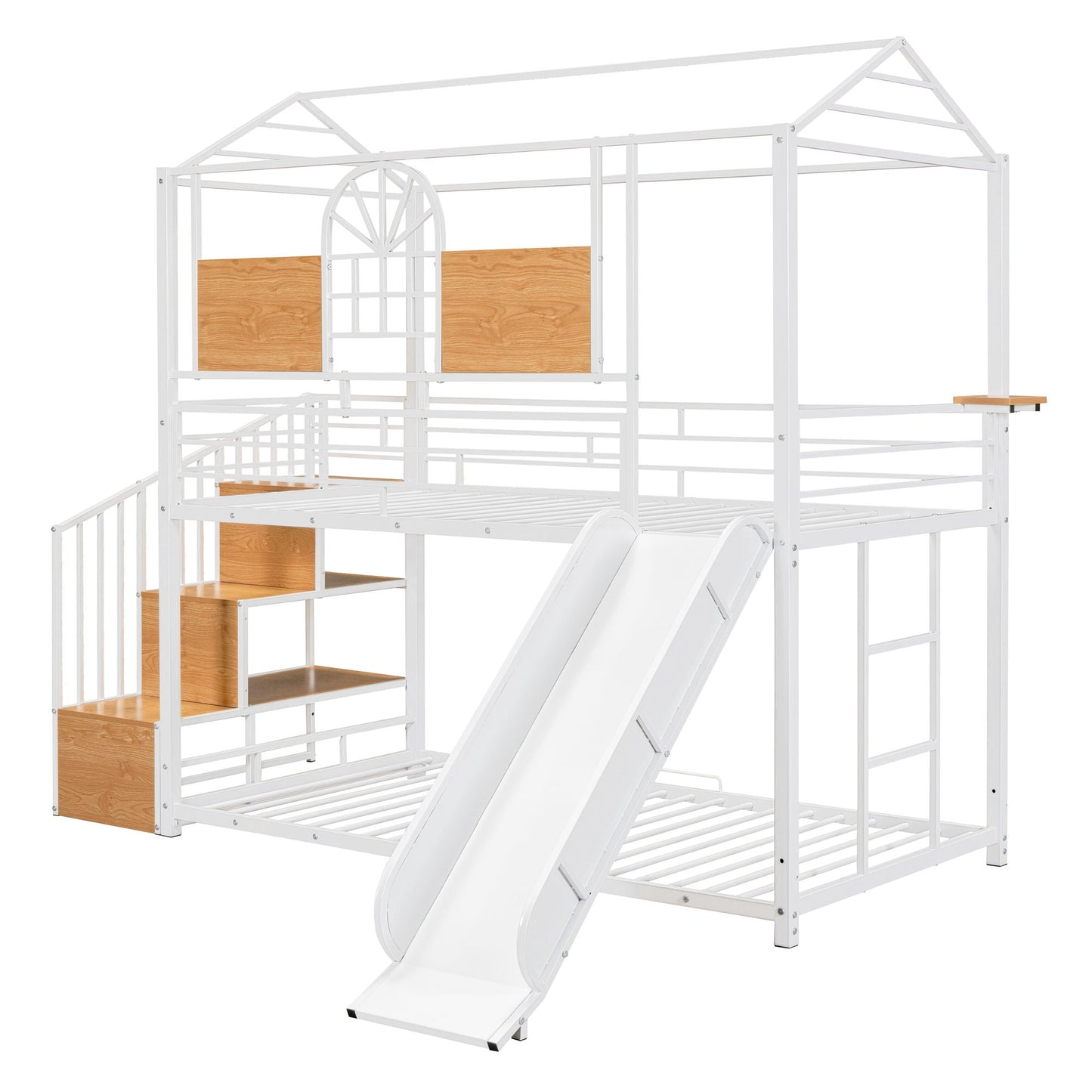 Metal House Bunk Bed With Slide and Storage