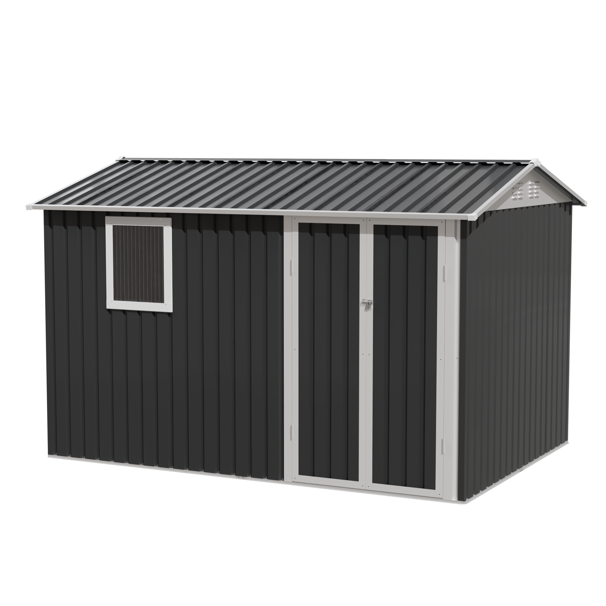 9 x 6 ft metal garden shed with dark gray siding, white trim and corrugated roof on Tampa Home & Garden Store