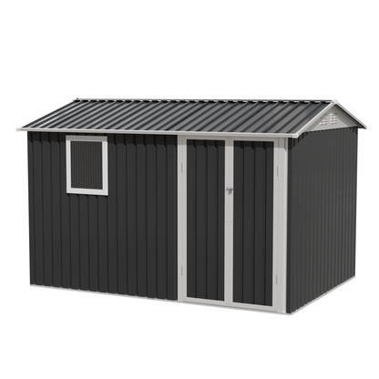 9 x 6 ft metal garden shed with dark gray siding, white trim and corrugated roof on Tampa Home & Garden Store