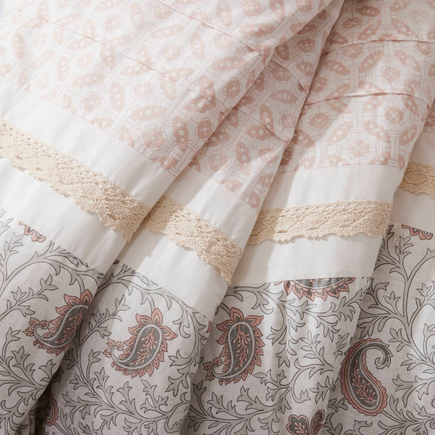 9 Piece Cotton Percale Comforter Set Blush by HouseOfZazla; blush paisley with lace trim on Tampa Home & Garden Store