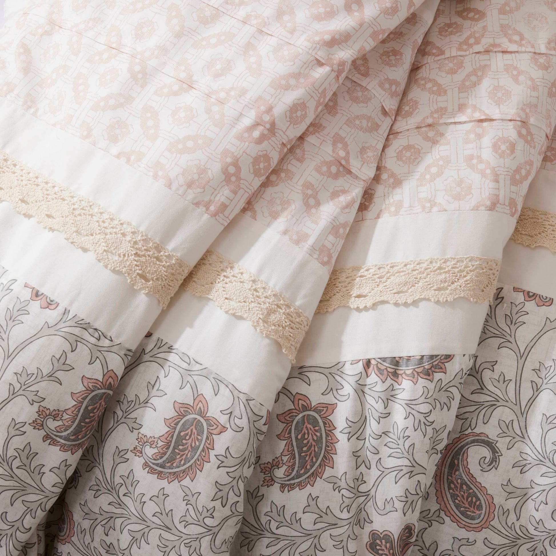 9 Piece Cotton Percale Comforter Set Blush by HouseOfZazla; blush paisley with lace trim on Tampa Home & Garden Store