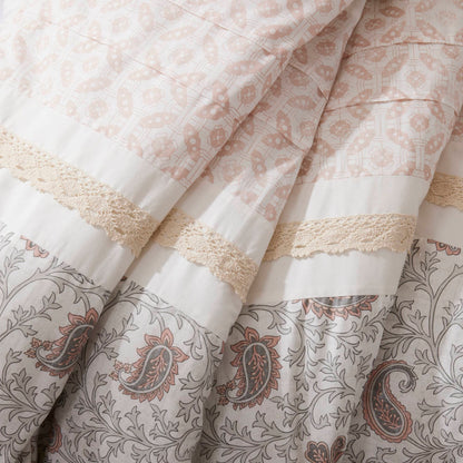9 Piece Cotton Percale Comforter Set Blush by HouseOfZazla; blush paisley with lace trim on Tampa Home & Garden Store