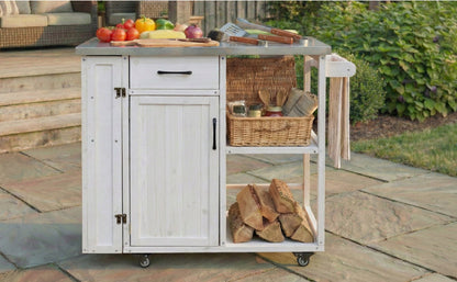 Outdoor Kitchen Island Fir Wood Prep Station HouseOfZazla, whitewashed with stainless steel top on Tampa Home & Garden Store