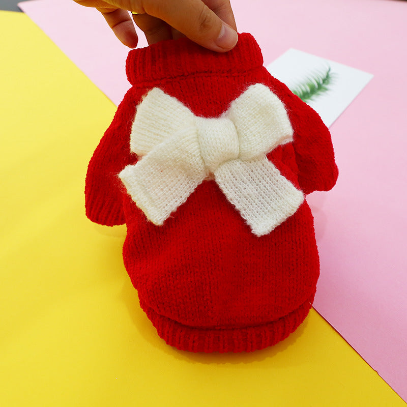 Bowknot red knit dog sweater with white bow Pet Zen on Tampa Home & Garden Store