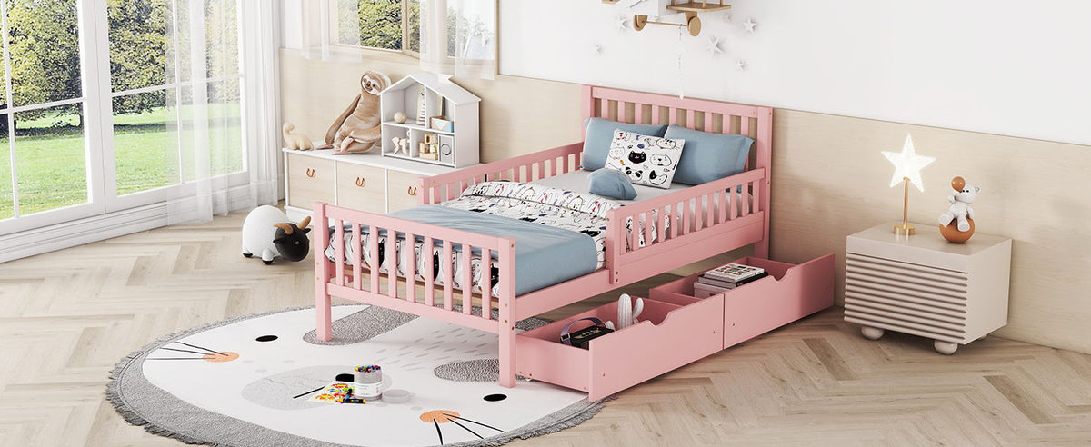 Platform bed with guardrails on both sides and two storage drawers in pink by HouseOfZazla on Tampa Home & Garden Store