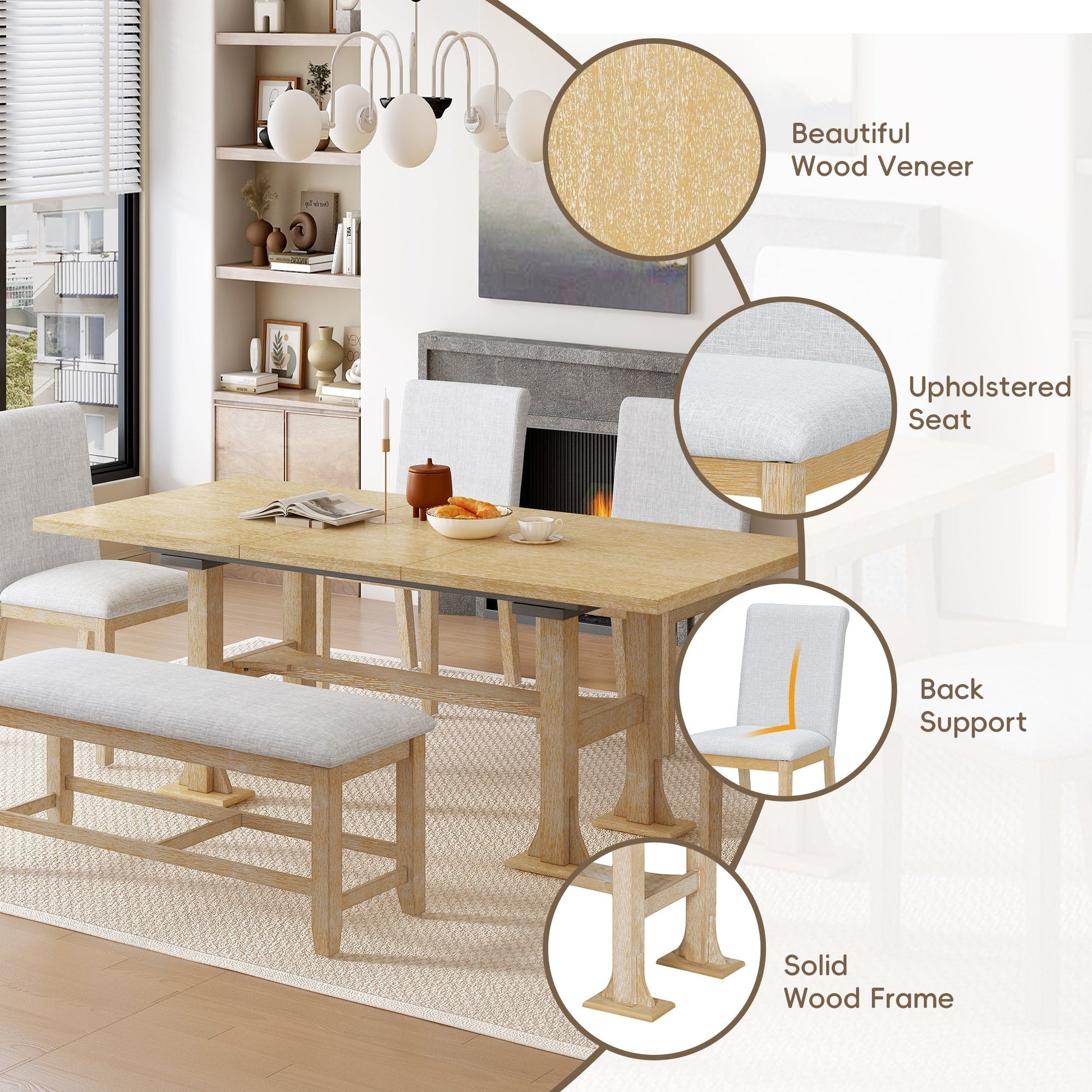 Artisanal 6-Piece Extendable Solid Wood Dining Set with Bench Seating on Tampa Home & Garden Store