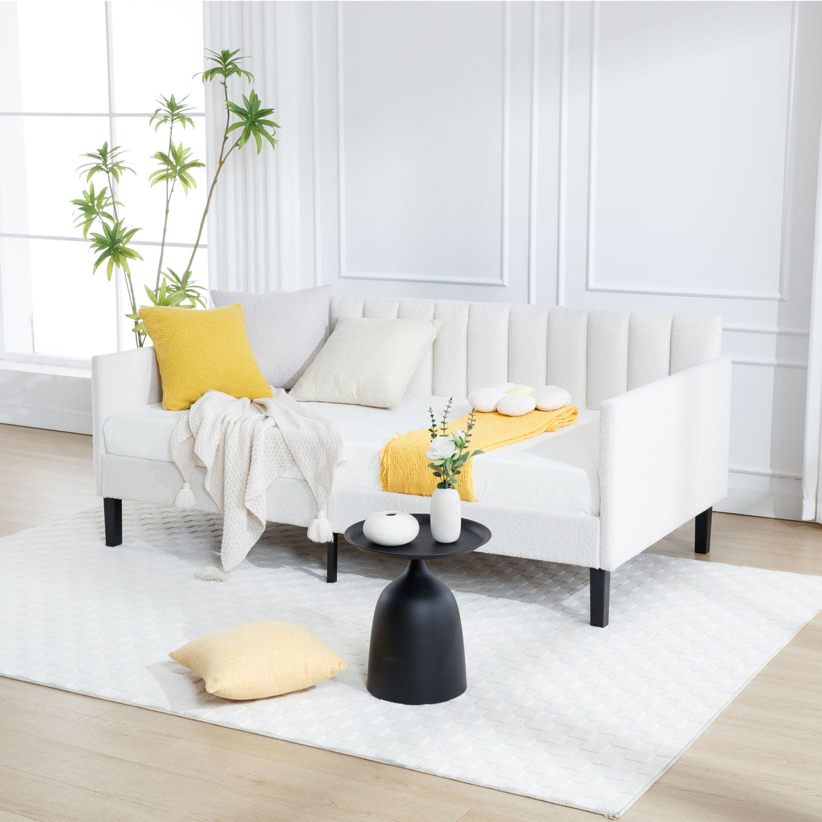 Elena Boucle Upholstered Daybed with ribbed tufted backrest in white, HouseOfZazla on Tampa Home & Garden Store