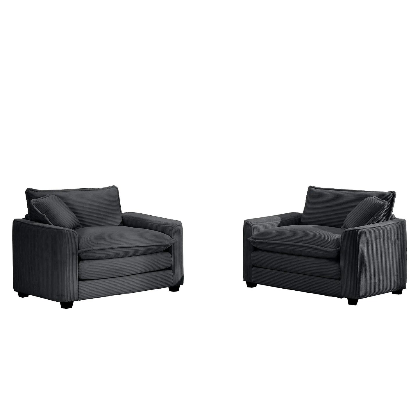 Pair of Modern Classic Fabric Single Chairs with deep seats and black pillows on Tampa Home & Garden Store