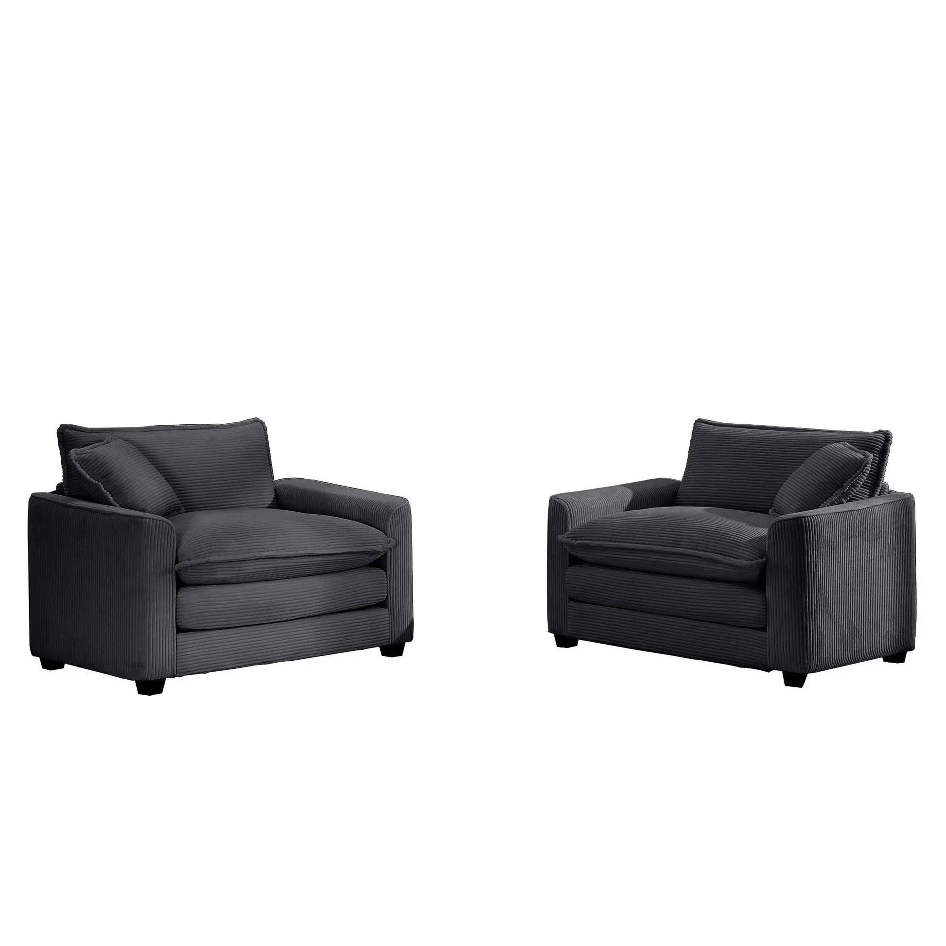 Pair of Modern Classic Fabric Single Chairs with deep seats and black pillows on Tampa Home & Garden Store