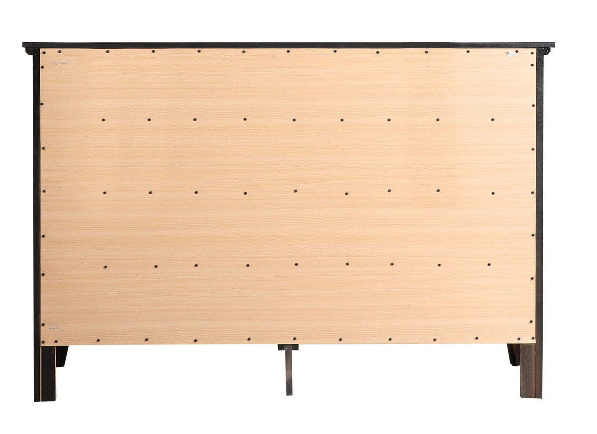 Dresser back view with natural wood veneer panels framed in black on Tampa Home & Garden Store