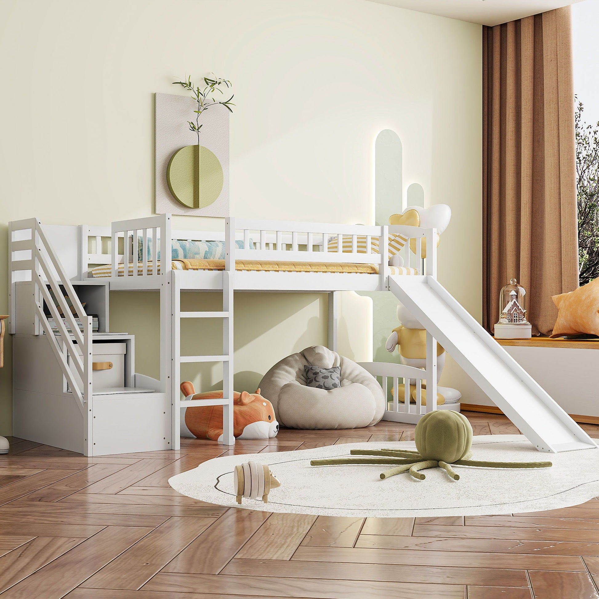 HouseOfZazla Loft Stairway Bed with 2 Drawers, convertible ladder and slide, white finish on Tampa Home & Garden Store
