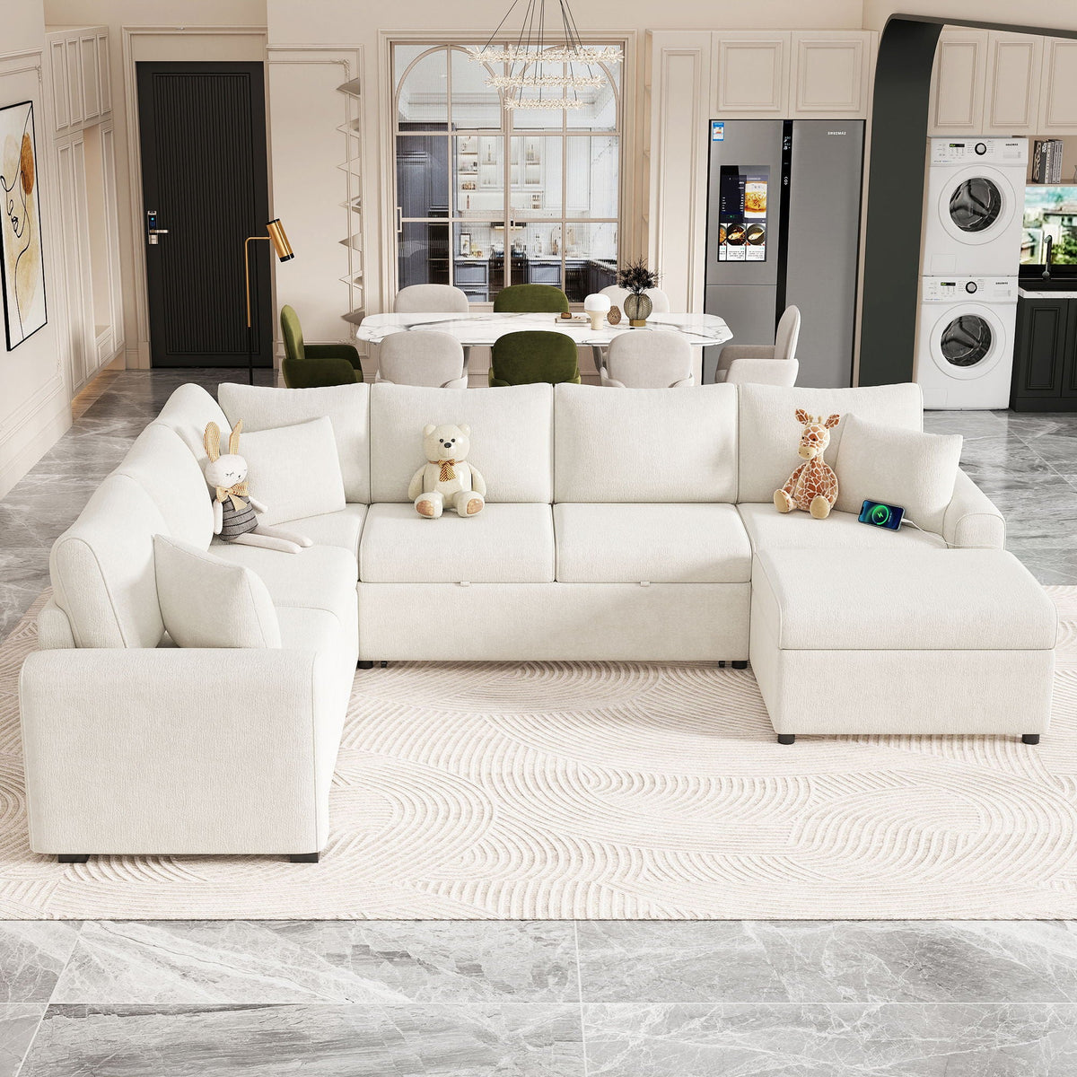 Sectional sleeper sofa with storage ottoman, three pillows, white upholstery, HouseOfZazla on Tampa Home & Garden Store