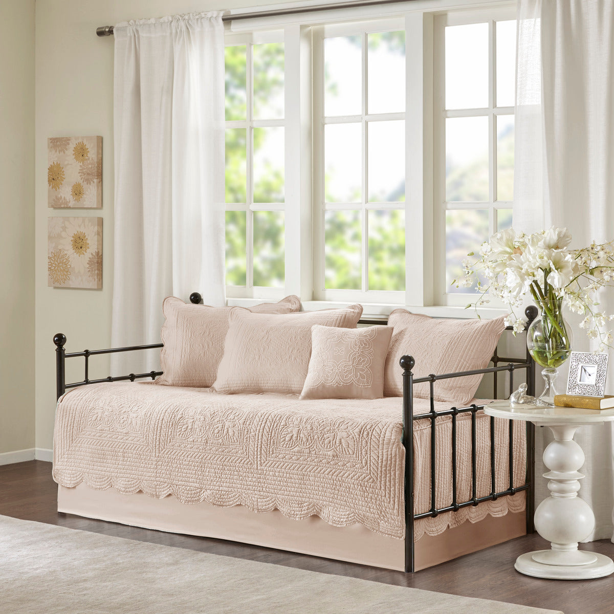 6 Piece Reversible Scalloped Edge Daybed Cover Set blush pink quilted with matching shams on daybed on Tampa Home & Garden Store
