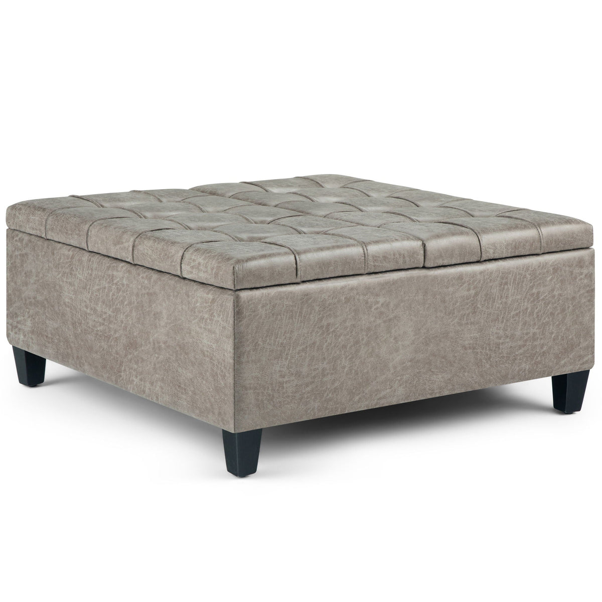 Harrison Tufted Lift Top and Storage Ottoman in taupe textured fabric with black legs on Tampa Home & Garden Store
