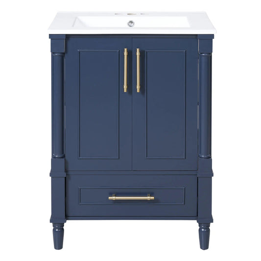 Bathroom vanity navy blue with white countertop, ornate French cylinder legs, brass pulls on Tampa Home & Garden Store