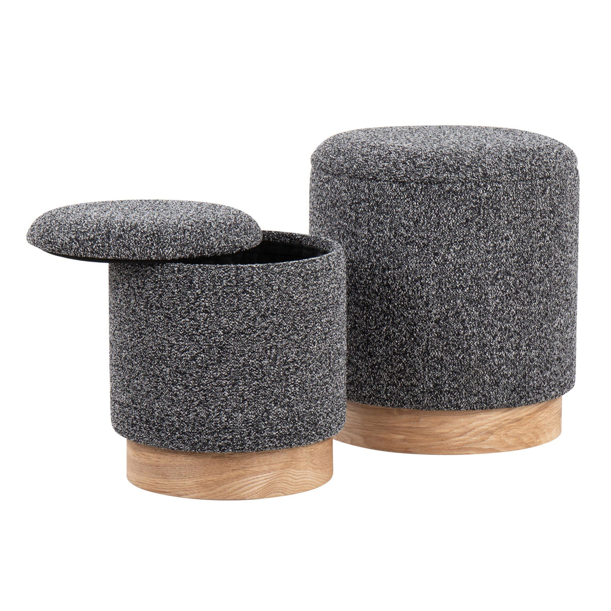 Contemporary nesting ottoman set, 2-piece, speckled gray fabric with cushioned tops and wood bases on Tampa Home & Garden Store
