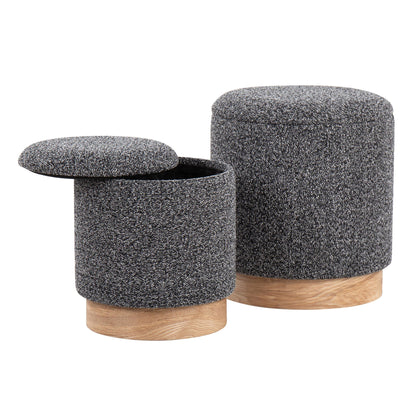 Contemporary nesting ottoman set, 2-piece, speckled gray fabric with cushioned tops and wood bases on Tampa Home & Garden Store