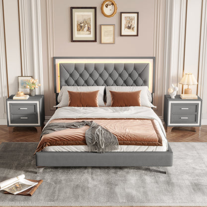 3-Piece Gray upholstered queen platform bed with LED headboard and two nightstands on Tampa Home & Garden Store