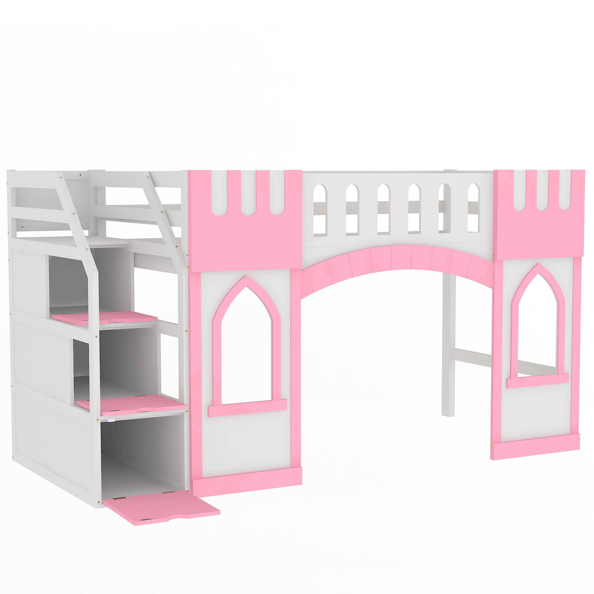 Loft bed with storage staircase and windows, pink accents on white frame by HouseOfZazla on Tampa Home & Garden Store